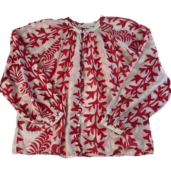Mango MNG Red Floral Cotton Blouse Coastal Puff Sleeve Top Size 4 - Picture 10 of 10